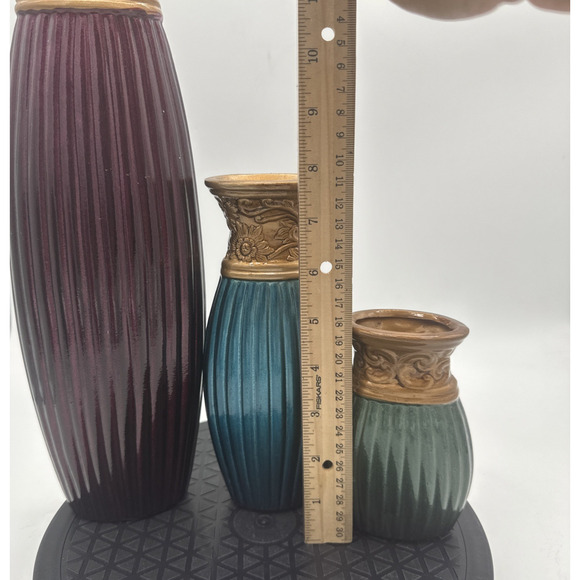 Set Of Three Ceramic Vases Maroon Teal Green With Gold - Picture 2 of 5